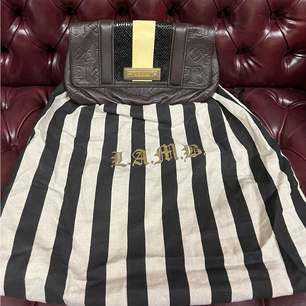 L.A.M.B. Dorset Chocolate Brown Leather Clutch with Faux Snakeskin